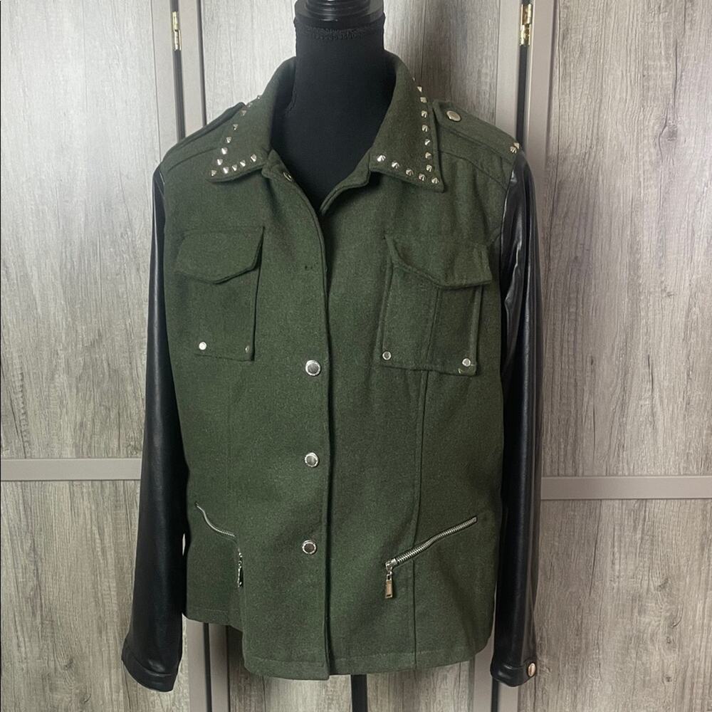 Jou Jou army green studded faux leather sleeves nap button jacket women's 1X